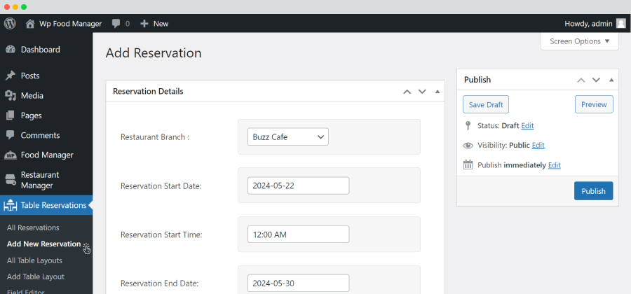 Table Reservations-Add New Reservation-Fill Details
